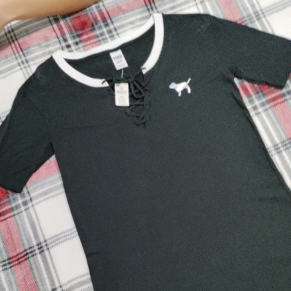 PINK Victoria's Secret Black Lace-Up Tee with White Detail